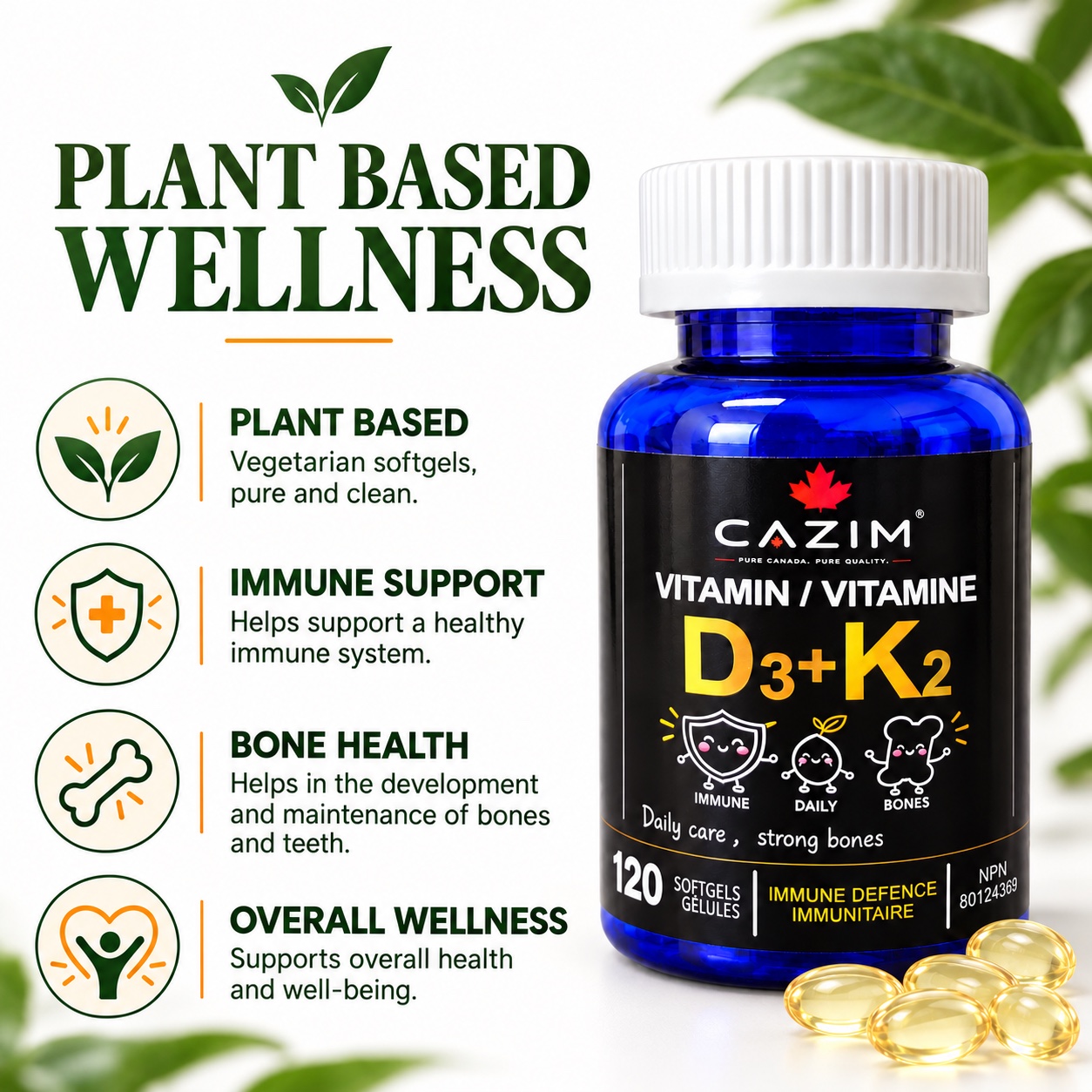 CAZIM plant-based Vitamin D3 plus K2 in the new blue bottle, with wellness information